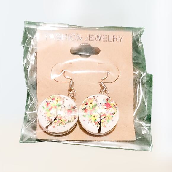 Boutique new multicolor double sided dome Tree of Life heart earrings - Picture 2 of 6